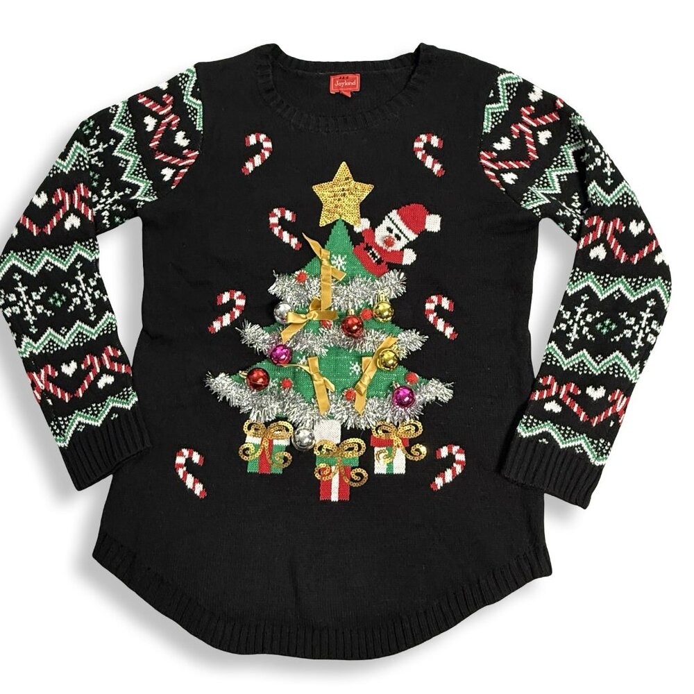 Joyland‎ Christmas Sweater Womens XL 3D Ornaments Santa Tinsel Sequins Tree Bows